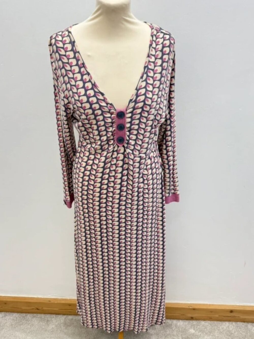 Boden Cream Navy Pink Geometric Print Dress Size 14L
